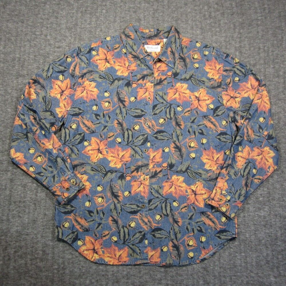 Westbound Button Up Shirt Womens M Blue Orange Autumn Leaves Denim Fall Tunic